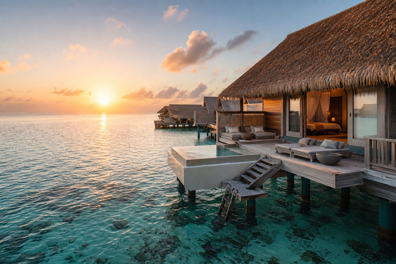 Luxury overwater resort villas in a turquoise lagoon
